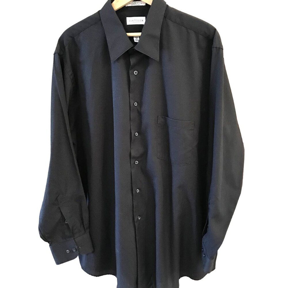 Van Heusen Men’s Dress Shirt, Black Sateen Stripe Long Sleeves Size 18 34/35
